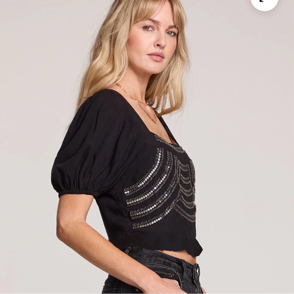 Saltwater Luxe Beaded Sequin Crop Top Black Puff Sleeve Square Neck Blouse M - Picture 3 of 10